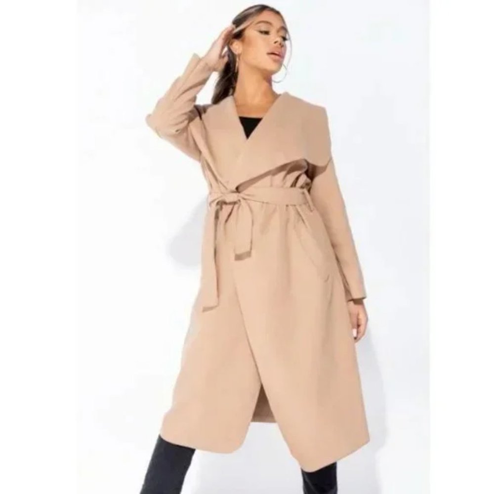 1 DAY SALE! Camel Wool Blend Oversized Belted Long Maxi Waterfall Collar Coat - Picture 7 of 9